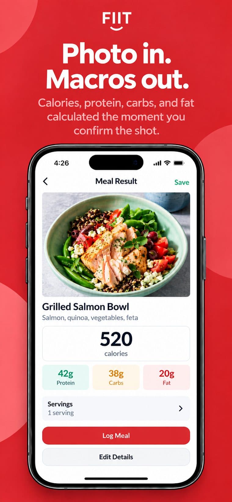 FIIT meal result with calories, protein, carbs and fat