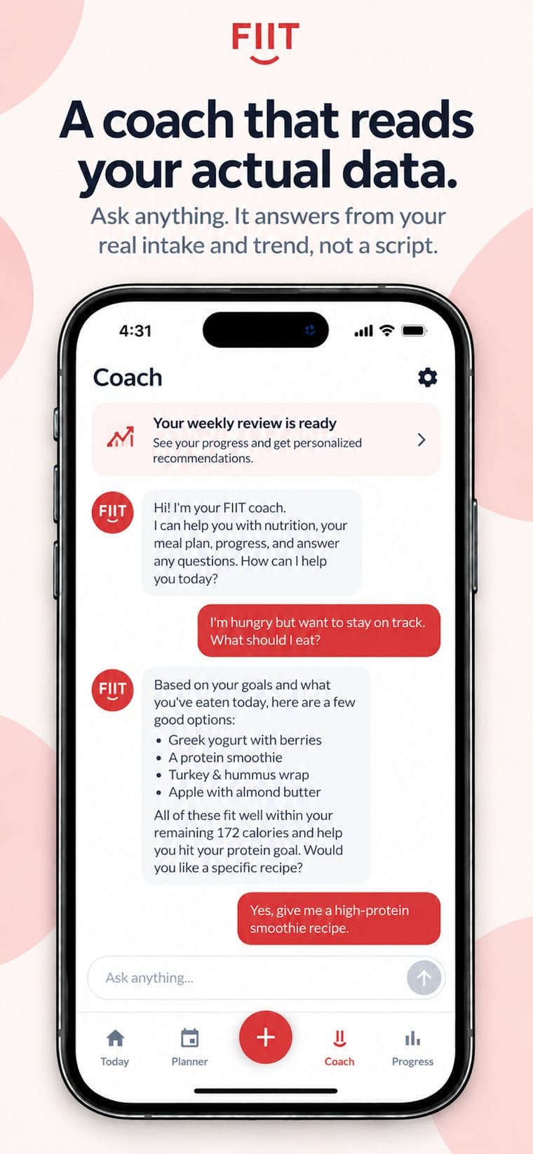 FIIT Coach chat recommending high-protein options within remaining calories